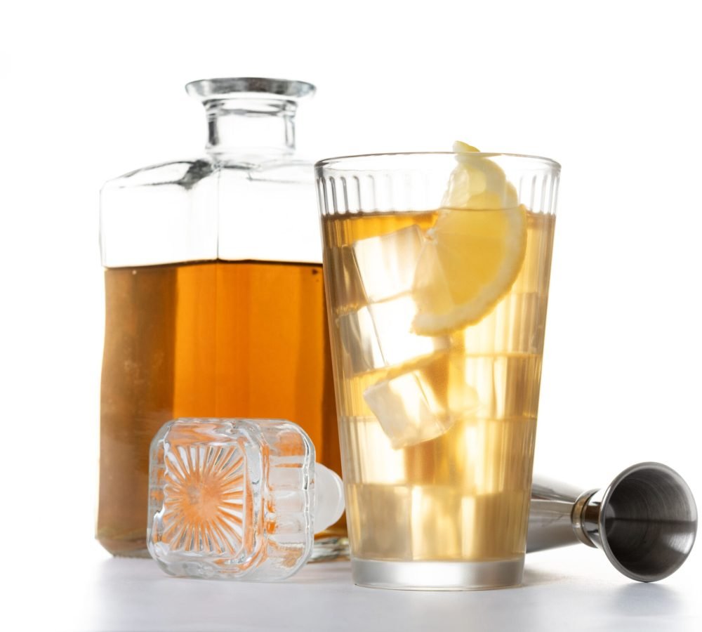 Highball, Whiskey with soda and lemon beverage isolated on white background